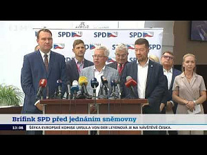 Zdeněk Koudelka a Petr Mach na tiskové konferenci SPD ve sněmovně